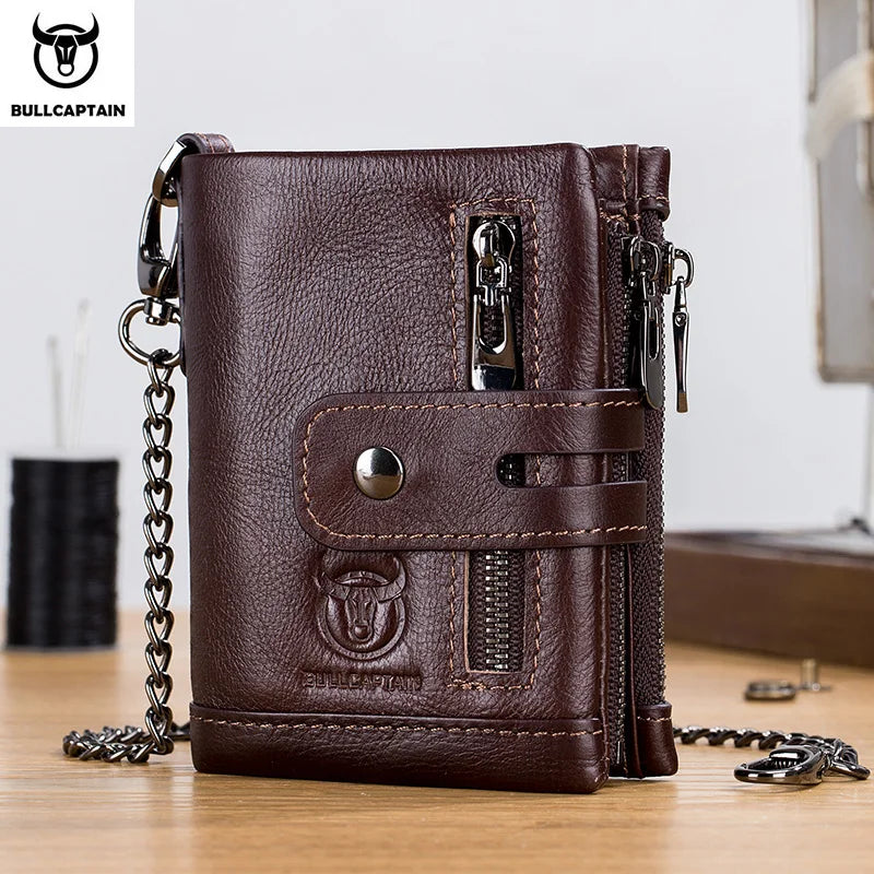 Bullcaptain Genuine Leather Men's Wallet Fashion Quality Travel Purse Rfid Protect Credit Card Holder Wollst for Men with Chain