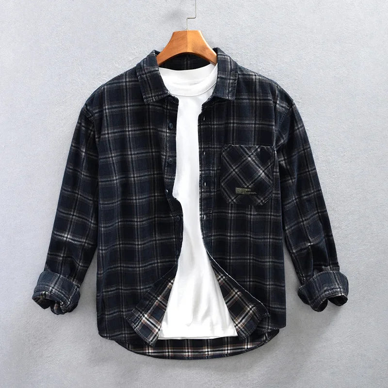 Men's Corduroy Plaid Shirt Z799 Classic Checkered Patterned Long Sleeve Casual Button-Up Fashionable Male Attire