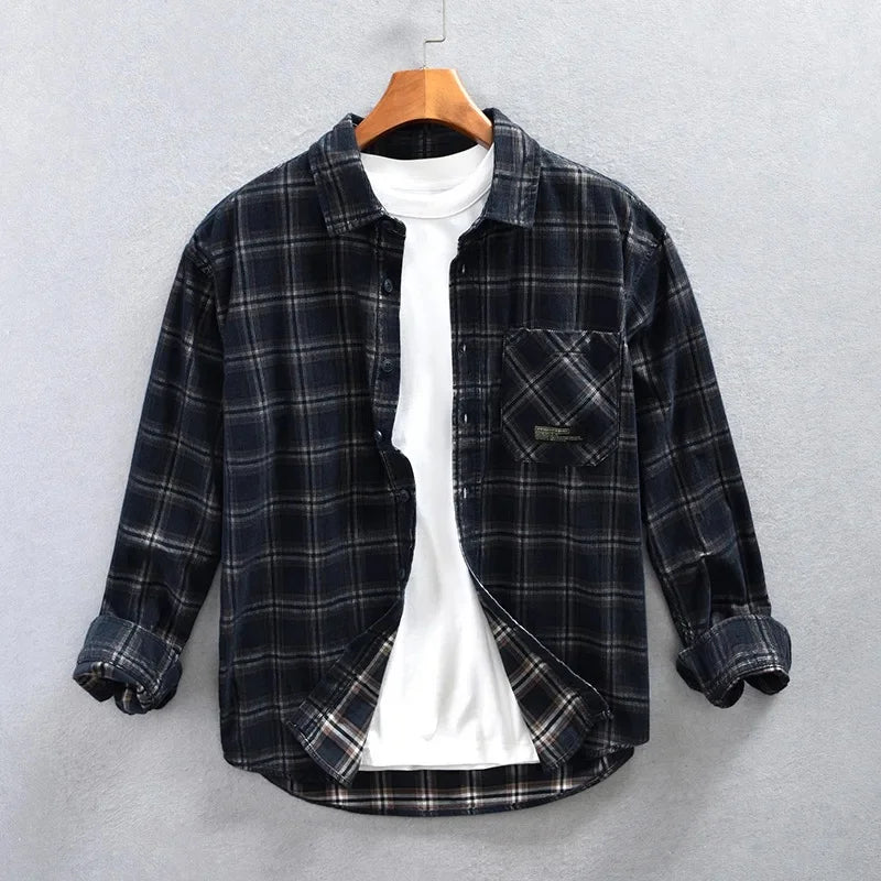 Men's Corduroy Plaid Shirt Z799 Classic Checkered Patterned Long Sleeve Casual Button-Up Fashionable Male Attire