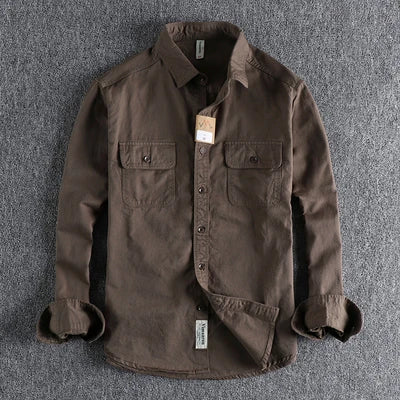 Autumn New American Retro Twill Woven Cargo Shirt Men's Fashion Pure Cotton Washed Old Long Sleeve Double Pocket Casual Blouses