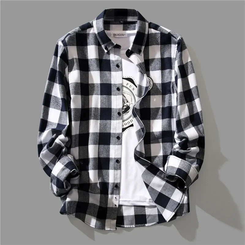 Trendy Black White Plaid Shirt Men's Korean Style Loose Fit Casual Long Sleeve Top Jacket For Summer Autumn
