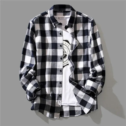 Trendy Black White Plaid Shirt Men's Korean Style Loose Fit Casual Long Sleeve Top Jacket For Summer Autumn