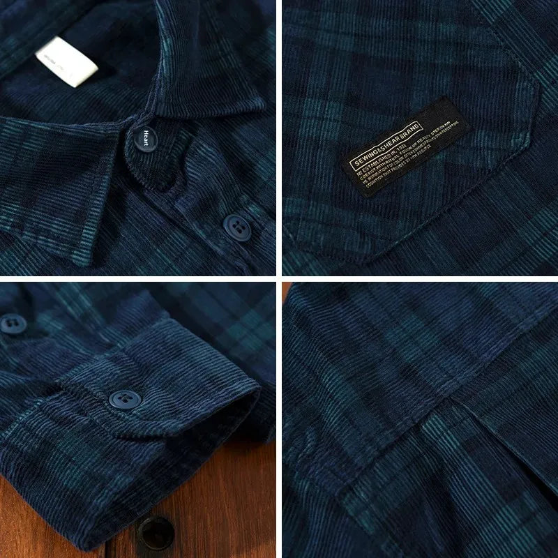 Men's Corduroy Plaid Shirt Z799 Classic Checkered Patterned Long Sleeve Casual Button-Up Fashionable Male Attire