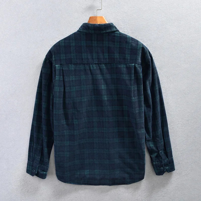 Men's Corduroy Plaid Shirt Z799 Classic Checkered Patterned Long Sleeve Casual Button-Up Fashionable Male Attire
