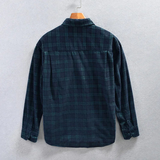 Men's Corduroy Plaid Shirt Z799 Classic Checkered Patterned Long Sleeve Casual Button-Up Fashionable Male Attire