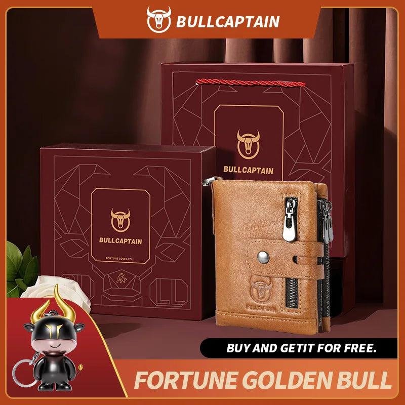 Bullcaptain Genuine Leather Men's Wallet Fashion Quality Travel Purse Rfid Protect Credit Card Holder Wollst for Men with Chain