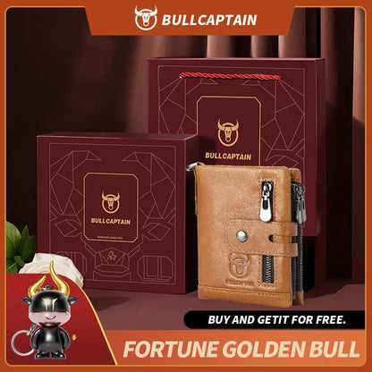Bullcaptain Genuine Leather Men's Wallet Fashion Quality Travel Purse Rfid Protect Credit Card Holder Wollst for Men with Chain