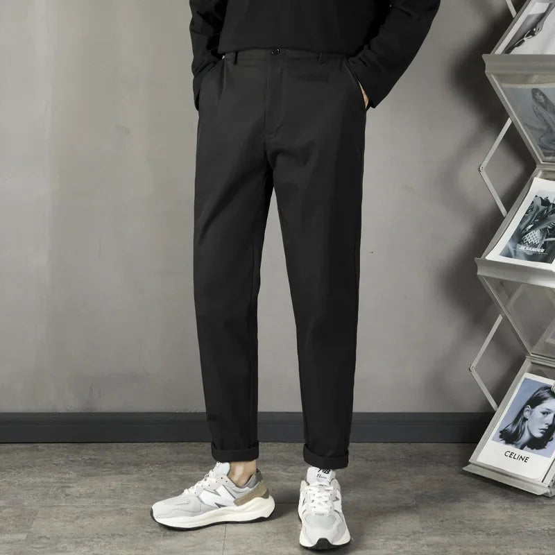 Trendy Casual Slim Fit Men's Black Anti-Wrinkle Straight Leg Pants High-End Feeling Nine Points Long Trousers for Men