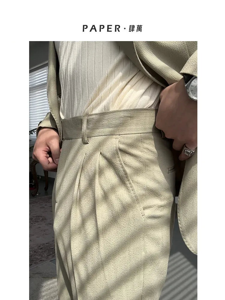 High-grade straight-leg mid-high waist trousers casual business slim-fit trousers seersucker pants for men