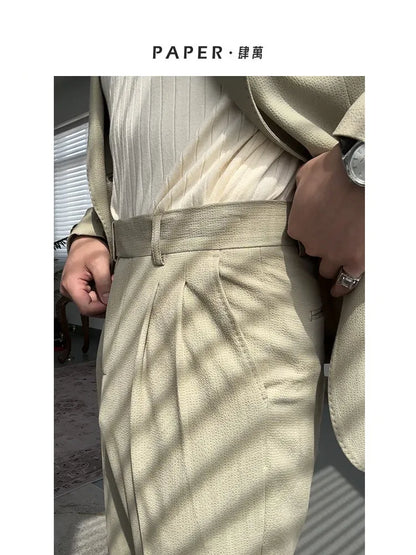 High-grade straight-leg mid-high waist trousers casual business slim-fit trousers seersucker pants for men