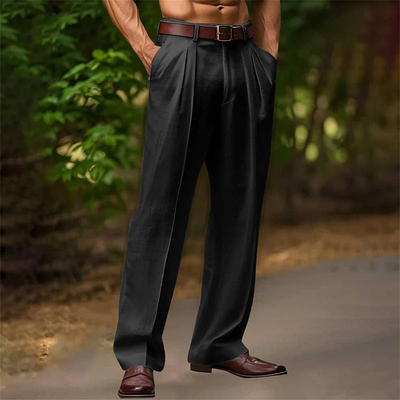 Vintage Solid Color Loose Linen Trousers For Mens Spring Summer New Casual Straight Pants Men Fashion Pleated Breathable Pants
