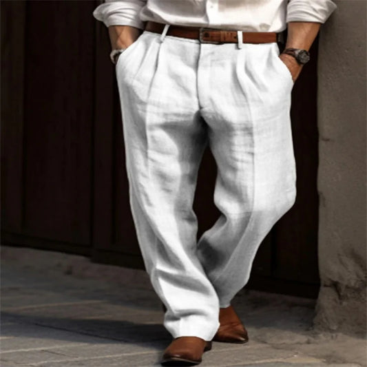 2025 Men's Stand Pocket Casual Linen Pants Solid White Gray Trouser Plus Size 3xl Mens Elegant Fashion Sweatpants Men Streetwear