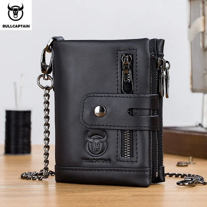 Bullcaptain Genuine Leather Men's Wallet Fashion Quality Travel Purse Rfid Protect Credit Card Holder Wollst for Men with Chain