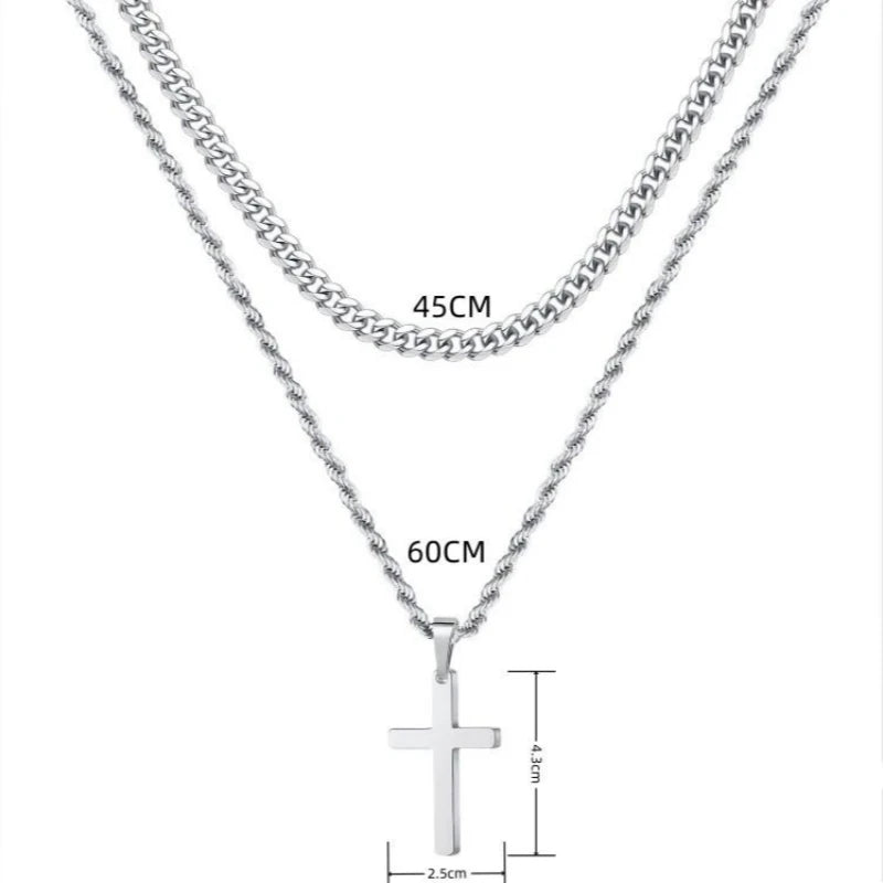 HNSP Stainless Steel Double Chain Cross Necklace Pendant For Men Gift Jewelry Accessory Gold Black Silver Color