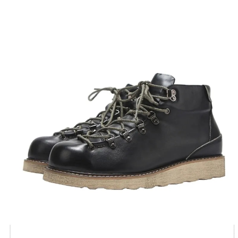 Men's Cowhide Thick-soled Boots Ankle Boots Male Casual Lace Up Boots Retro British Outdoor Tooling Shoes