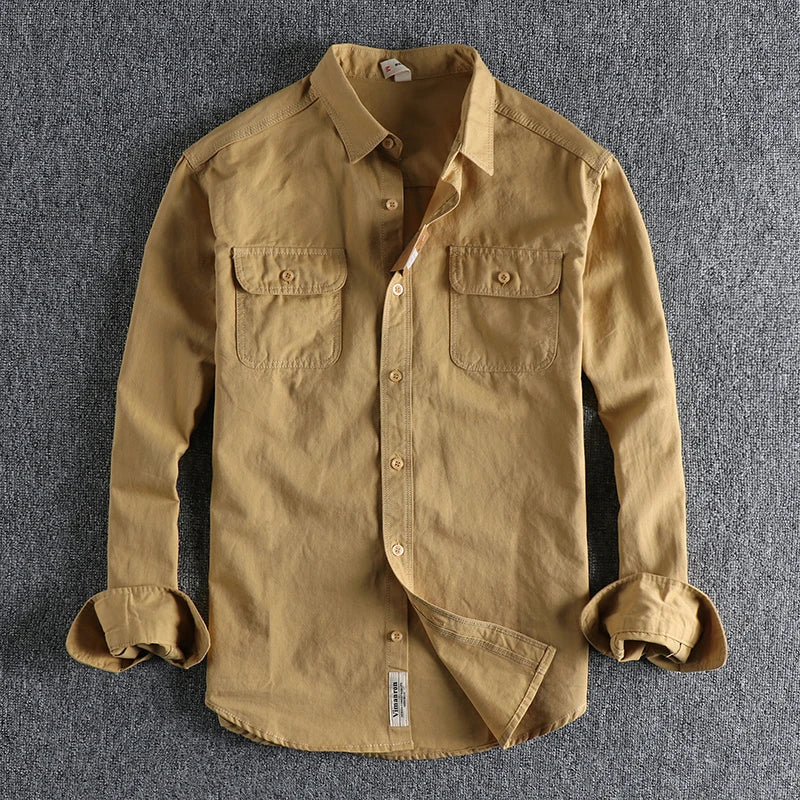 Autumn New American Retro Twill Woven Cargo Shirt Men's Fashion Pure Cotton Washed Old Long Sleeve Double Pocket Casual Blouses