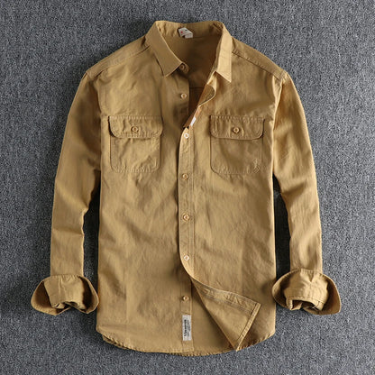 Autumn New American Retro Twill Woven Cargo Shirt Men's Fashion Pure Cotton Washed Old Long Sleeve Double Pocket Casual Blouses