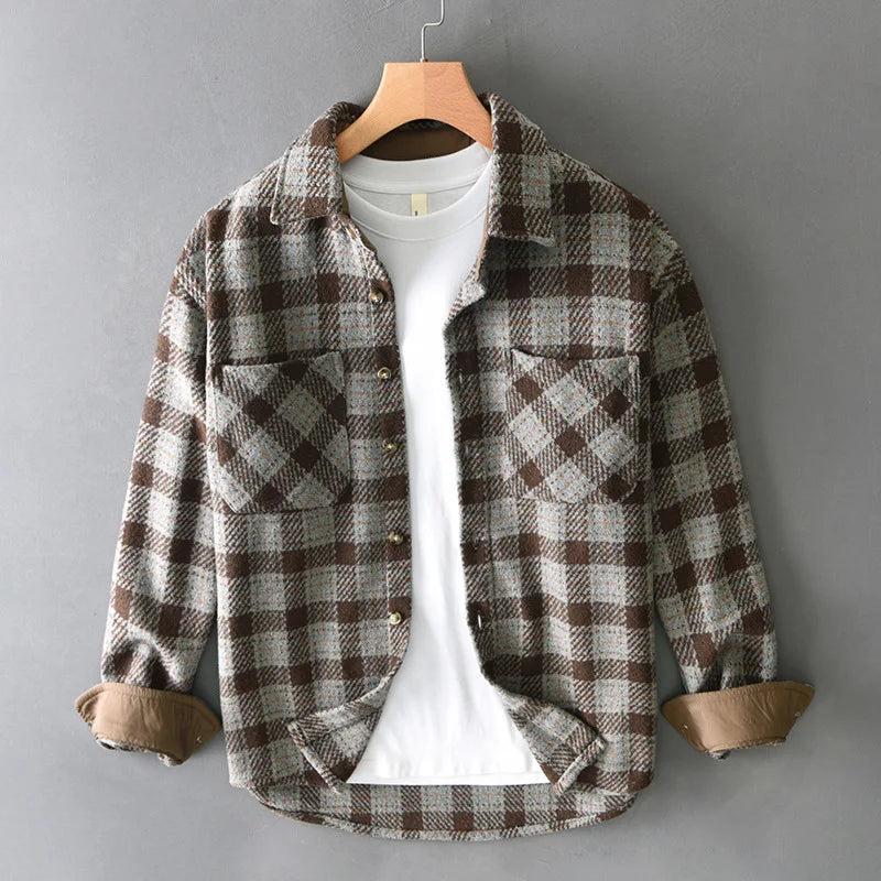 T735 Vintage Plaided Shirt Men's Winter Fall Fashion Dual Pocket Long Sleeve Loose Casual Lapel Blouse Teens Premium Daily Coats