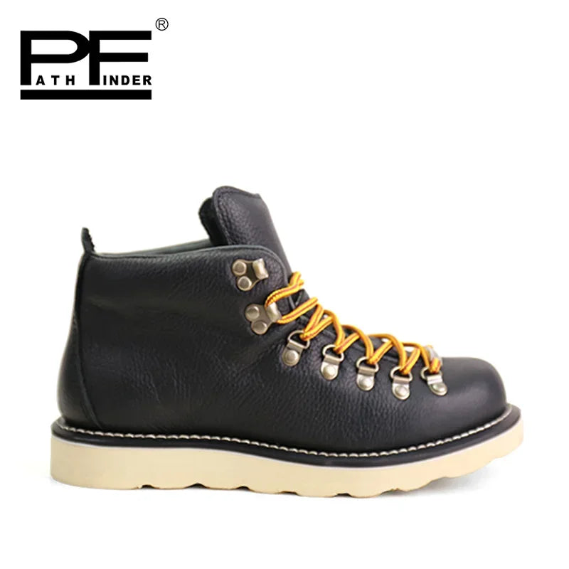 pf Fashion Men's Genuine Leather Motorcycle Boots Work Shoes Women Ankle Western Hiking Boots Non-slip Lace Up