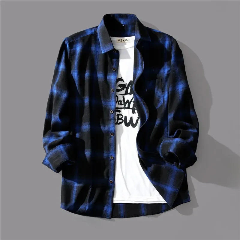 Trendy Black White Plaid Shirt Men's Korean Style Loose Fit Casual Long Sleeve Top Jacket For Summer Autumn