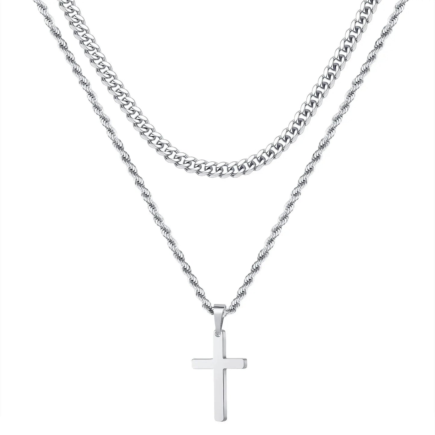 HNSP Stainless Steel Double Chain Cross Necklace Pendant For Men Gift Jewelry Accessory Gold Black Silver Color