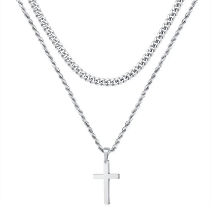 HNSP Stainless Steel Double Chain Cross Necklace Pendant For Men Gift Jewelry Accessory Gold Black Silver Color