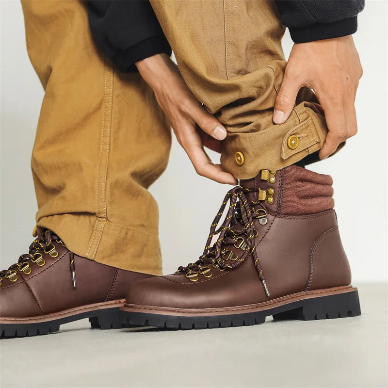 men fashion stage nightclub platform shoes lace-up original leather shoes cowboy tooling work boot cool motorcycle ankle botas
