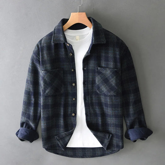 T735 Vintage Plaided Shirt Men's Winter Fall Fashion Dual Pocket Long Sleeve Loose Casual Lapel Blouse Teens Premium Daily Coats