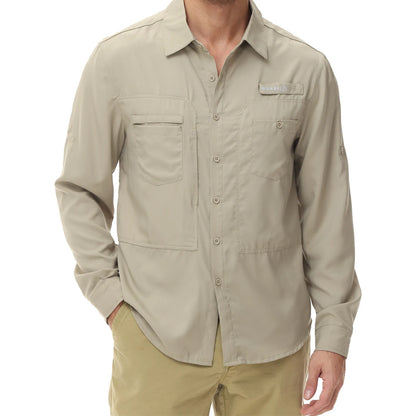 Men's UPF 50+ Long Sleeve Fishing Shirts Sun Protection Breathable Hiking Work Shirt Casual Button Down Shirt with Zipper Pocket