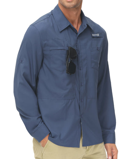 Men's UPF 50+ Long Sleeve Fishing Shirts Sun Protection Breathable Hiking Work Shirt Casual Button Down Shirt with Zipper Pocket