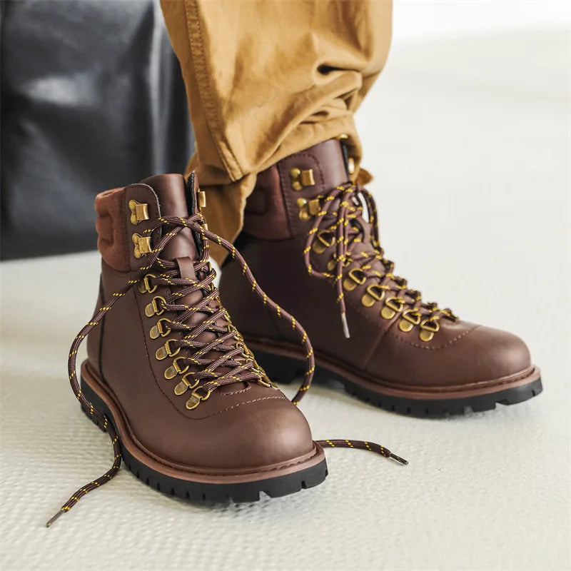 men fashion stage nightclub platform shoes lace-up original leather shoes cowboy tooling work boot cool motorcycle ankle botas