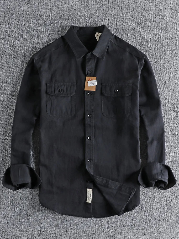 Autumn New American Retro Twill Woven Cargo Shirt Men's Fashion Pure Cotton Washed Old Long Sleeve Double Pocket Casual Blouses