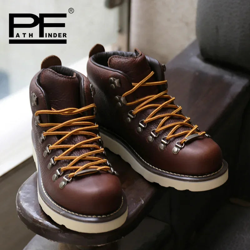 pf Fashion Men's Genuine Leather Motorcycle Boots Work Shoes Women Ankle Western Hiking Boots Non-slip Lace Up
