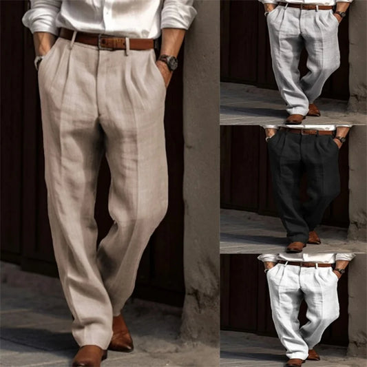 2025 Men's Stand Pocket Casual Linen Pants Solid White Gray Trouser Plus Size 3xl Mens Elegant Fashion Sweatpants Men Streetwear