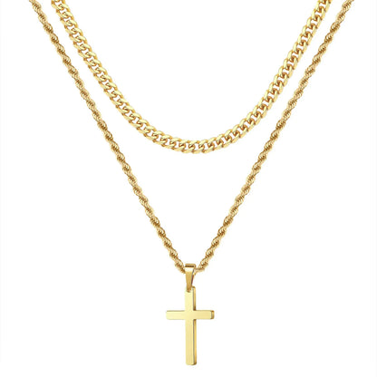 HNSP Stainless Steel Double Chain Cross Necklace Pendant For Men Gift Jewelry Accessory Gold Black Silver Color