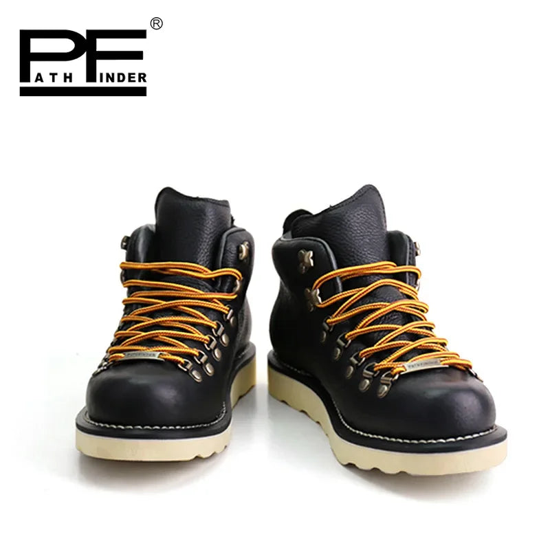 pf Fashion Men's Genuine Leather Motorcycle Boots Work Shoes Women Ankle Western Hiking Boots Non-slip Lace Up