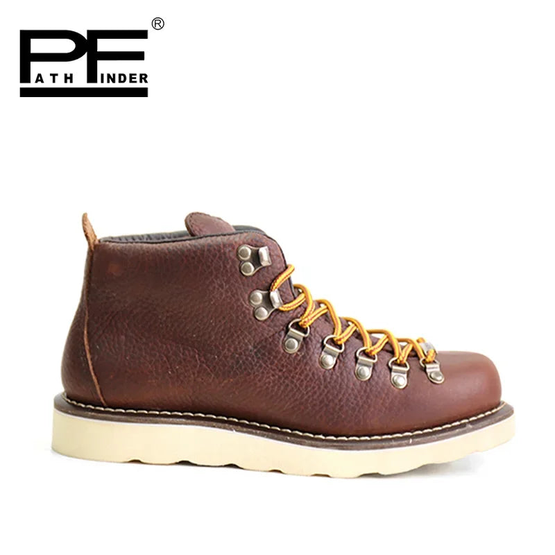 pf Fashion Men's Genuine Leather Motorcycle Boots Work Shoes Women Ankle Western Hiking Boots Non-slip Lace Up