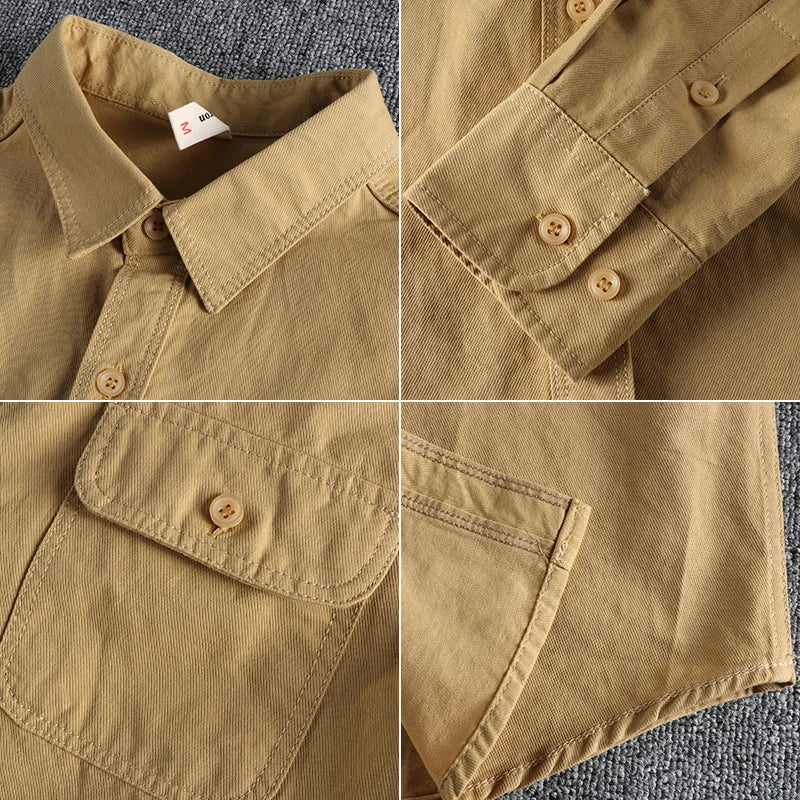 Autumn New American Retro Twill Woven Cargo Shirt Men's Fashion Pure Cotton Washed Old Long Sleeve Double Pocket Casual Blouses