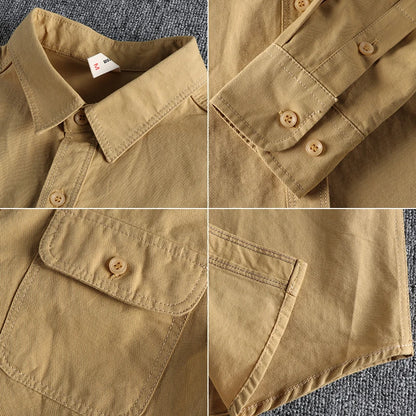 Autumn New American Retro Twill Woven Cargo Shirt Men's Fashion Pure Cotton Washed Old Long Sleeve Double Pocket Casual Blouses