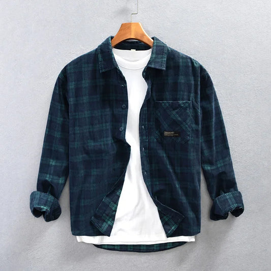 Men's Corduroy Plaid Shirt Z799 Classic Checkered Patterned Long Sleeve Casual Button-Up Fashionable Male Attire