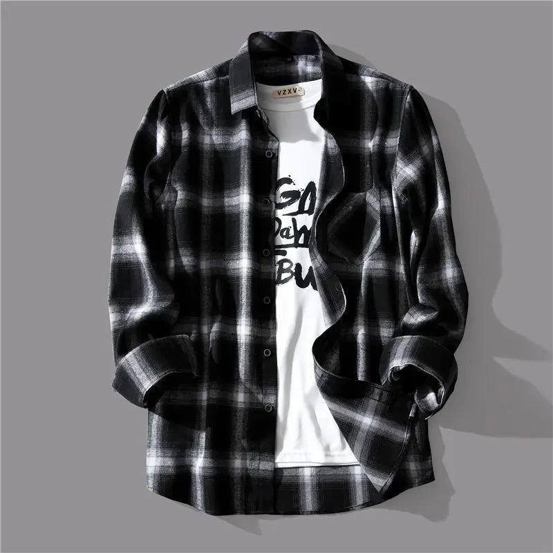 Trendy Black White Plaid Shirt Men's Korean Style Loose Fit Casual Long Sleeve Top Jacket For Summer Autumn