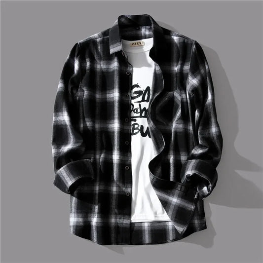 Trendy Black White Plaid Shirt Men's Korean Style Loose Fit Casual Long Sleeve Top Jacket For Summer Autumn