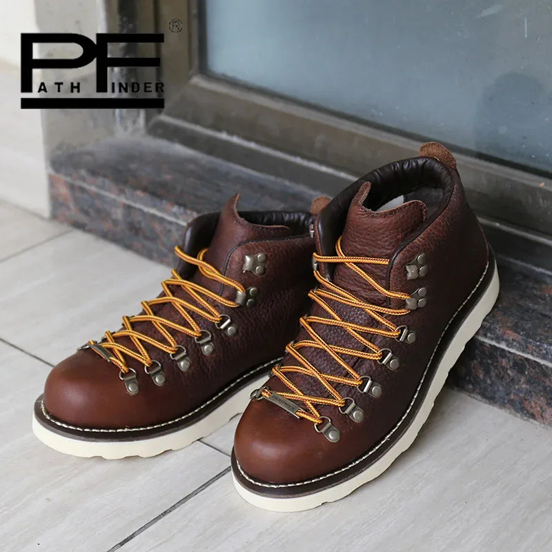 pf Fashion Men's Genuine Leather Motorcycle Boots Work Shoes Women Ankle Western Hiking Boots Non-slip Lace Up