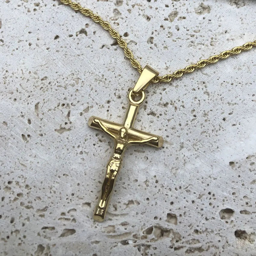 Hiphop Jesus Cross Pendant Rope Chains Men Stainless Steel Jesus Christ Jewelry UK Crucifix Necklace Accessories Religious Gifts