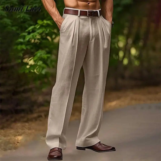 Vintage Solid Color Loose Linen Trousers For Mens Spring Summer New Casual Straight Pants Men Fashion Pleated Breathable Pants