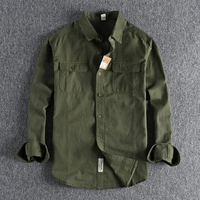 Autumn New American Retro Twill Woven Cargo Shirt Men's Fashion Pure Cotton Washed Old Long Sleeve Double Pocket Casual Blouses