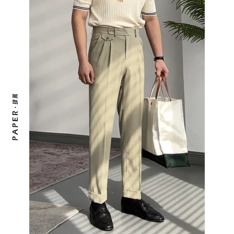 High-grade straight-leg mid-high waist trousers casual business slim-fit trousers seersucker pants for men