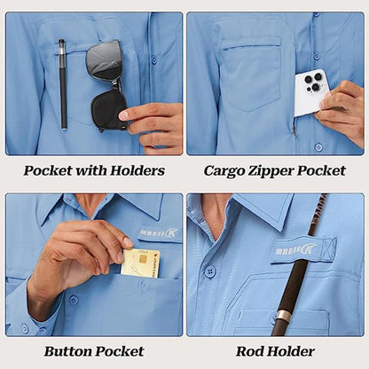Men's UPF 50+ Long Sleeve Fishing Shirts Sun Protection Breathable Hiking Work Shirt Casual Button Down Shirt with Zipper Pocket