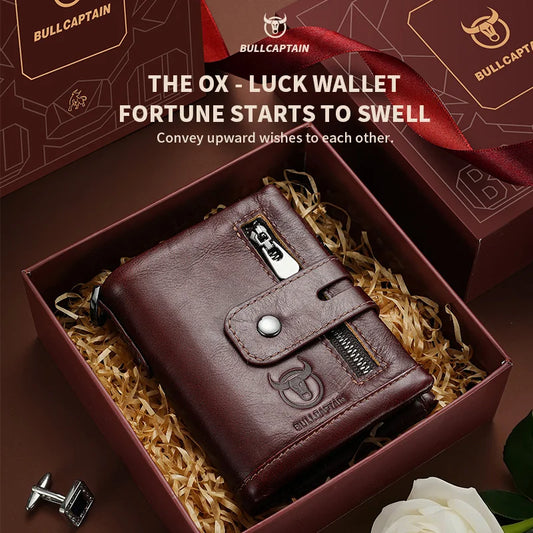 Bullcaptain Genuine Leather Men's Wallet Fashion Quality Travel Purse Rfid Protect Credit Card Holder Wollst for Men with Chain