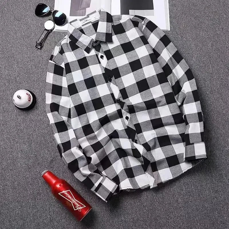 Trendy Black White Plaid Shirt Men's Korean Style Loose Fit Casual Long Sleeve Top Jacket For Summer Autumn